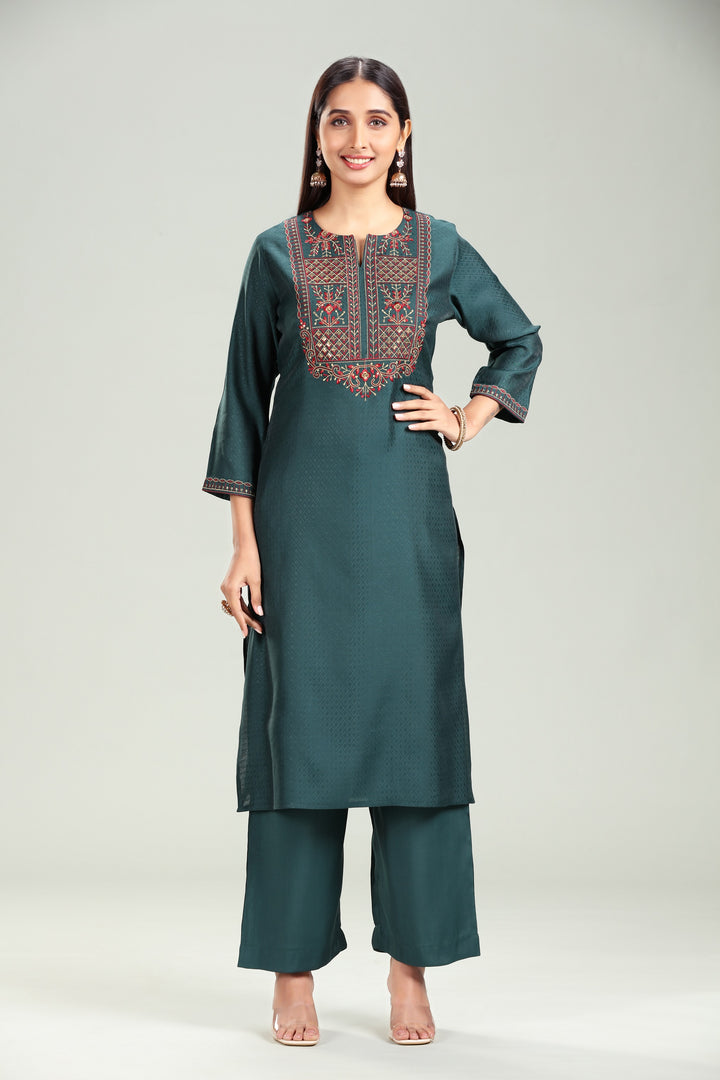 Dark Green Silk Straight Embroidered Kurta Pant Co ord Set