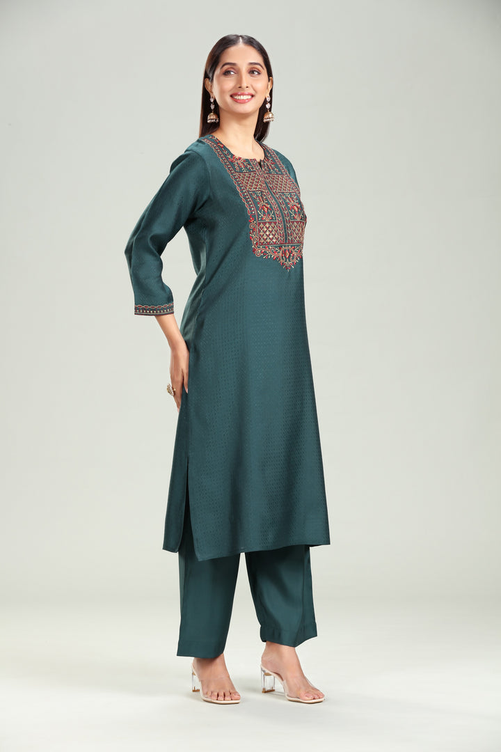 Dark Green Silk Straight Embroidered Kurta Pant Co ord Set