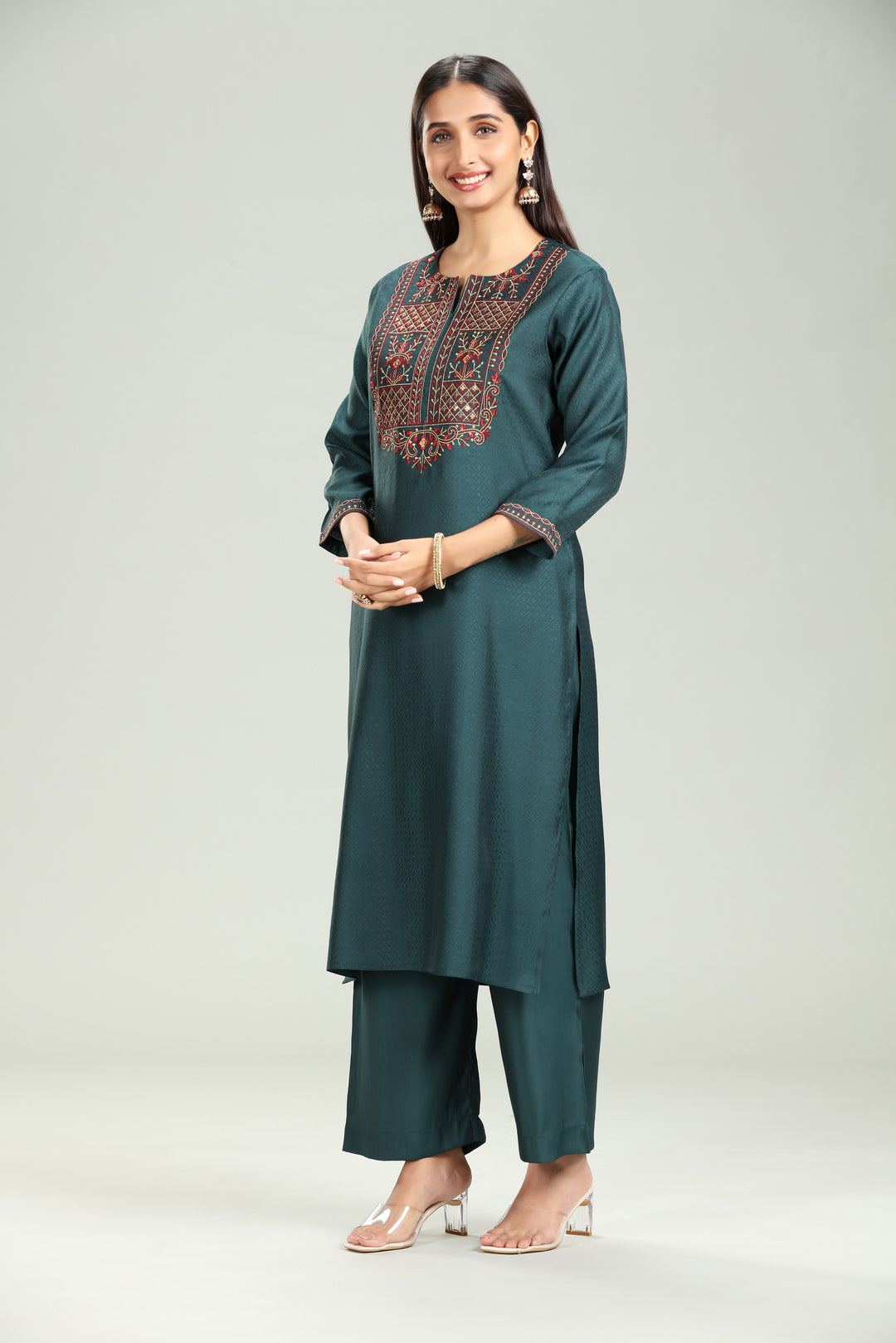 Dark Green Silk Straight Embroidered Kurta Pant Co ord Set