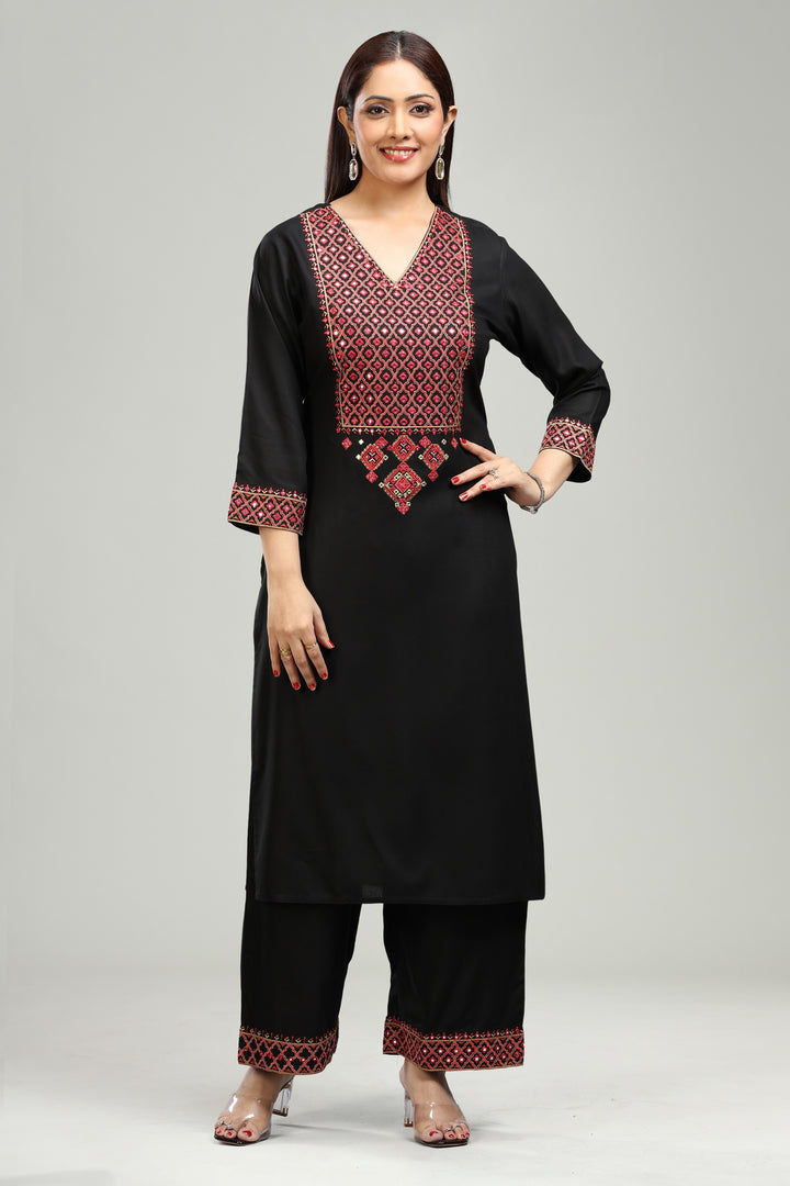 Black Rayon Straight Embroidered Kurta Pant Co ord Set