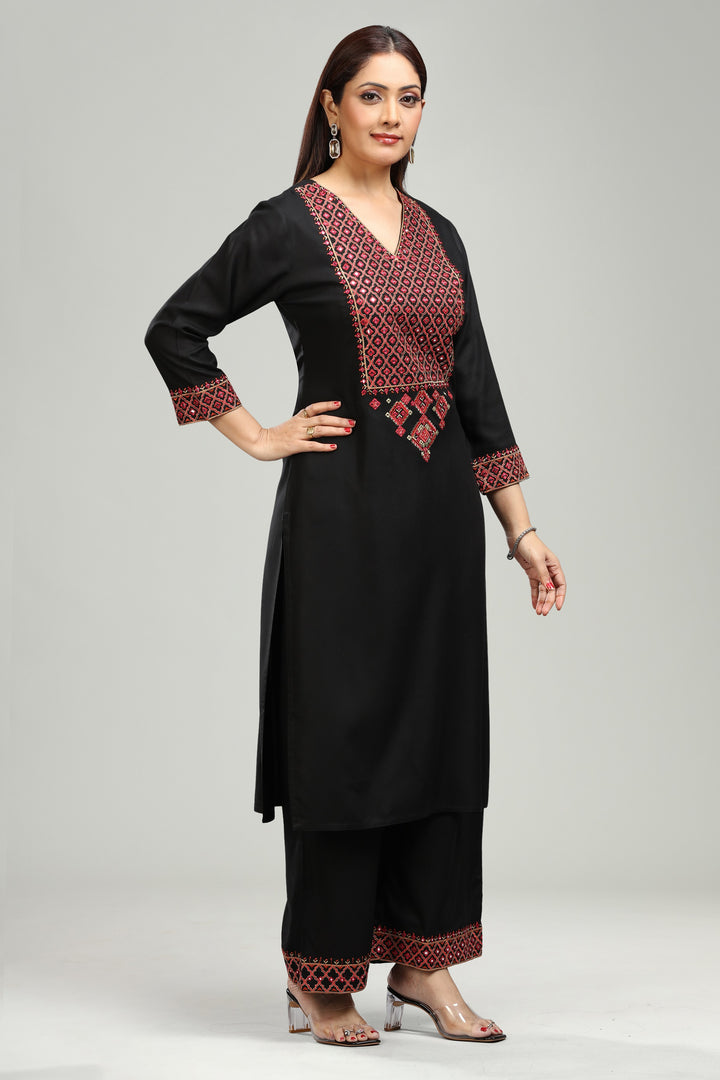 Black Rayon Straight Embroidered Kurta Pant Co ord Set