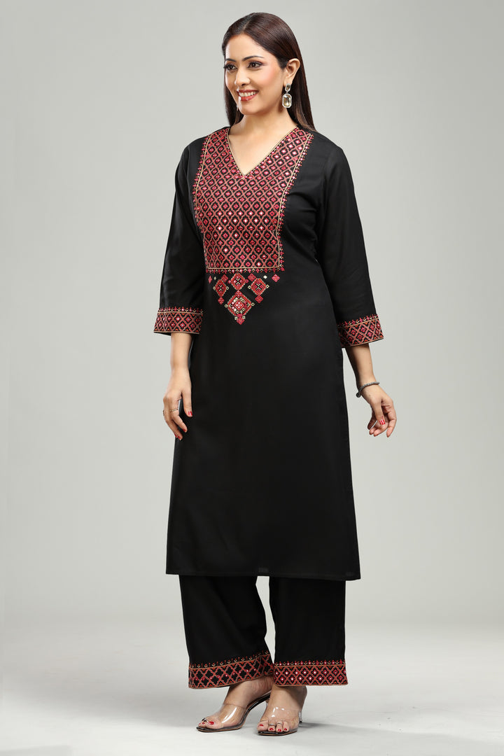 Black Rayon Straight Embroidered Kurta Pant Co ord Set