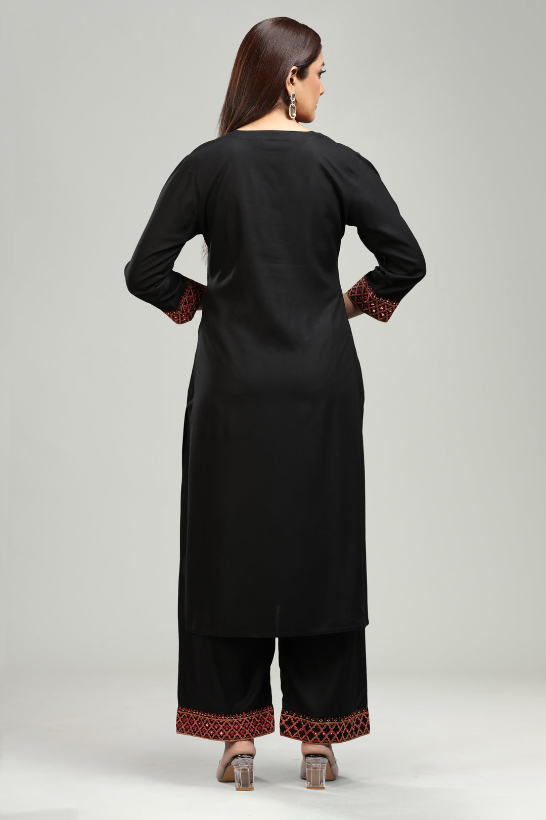 Black Rayon Straight Embroidered Kurta Pant Co ord Set