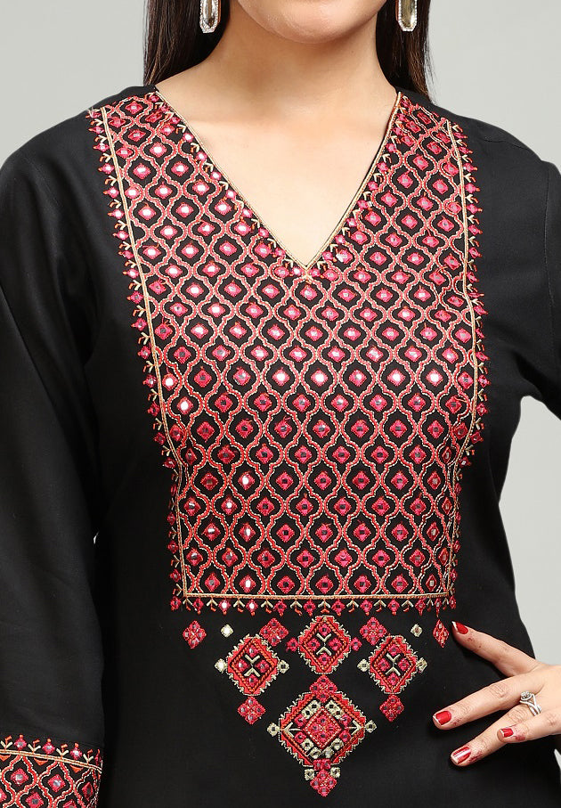 Black Rayon Straight Embroidered Kurta Pant Co ord Set