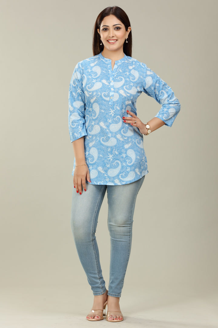 Sky Blue Cotton Staright Printed Short Kurta