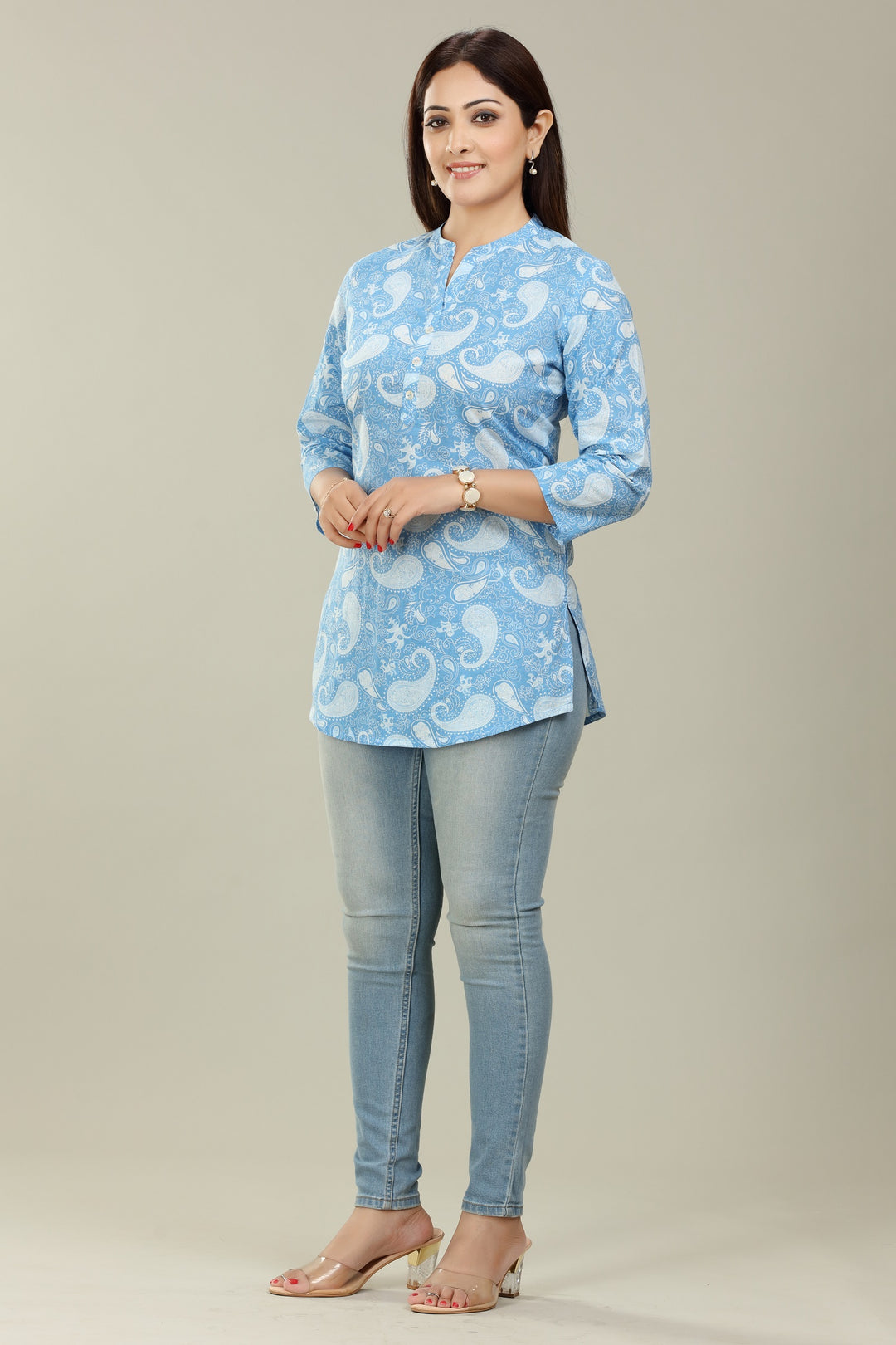 Sky Blue Cotton Staright Printed Short Kurta