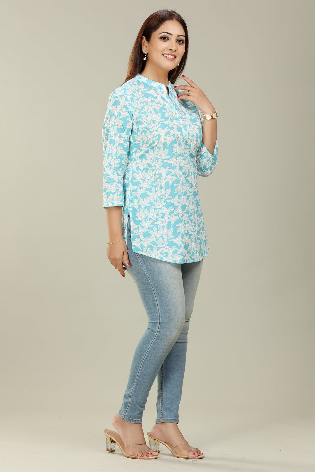 Sky Blue Cotton Straight Printed Short Kurta