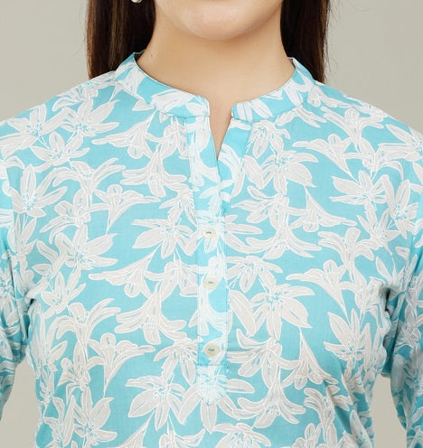 Sky Blue Cotton Straight Printed Short Kurta