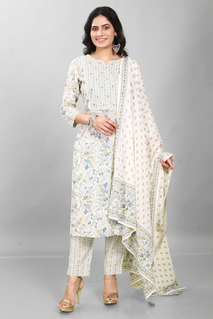 Cream Cotton Straight Embroidered Kurta Pant Suit Set