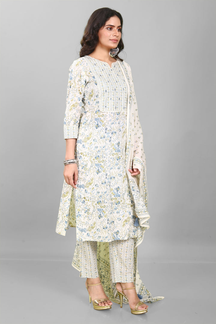 Cream Cotton Straight Embroidered Kurta Pant Suit Set