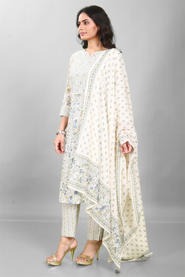 Cream Cotton Straight Embroidered Kurta Pant Suit Set