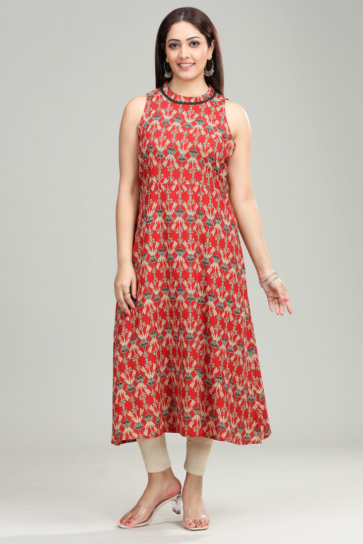 Rust Cotton Straight Printed Sleeveless Kurta