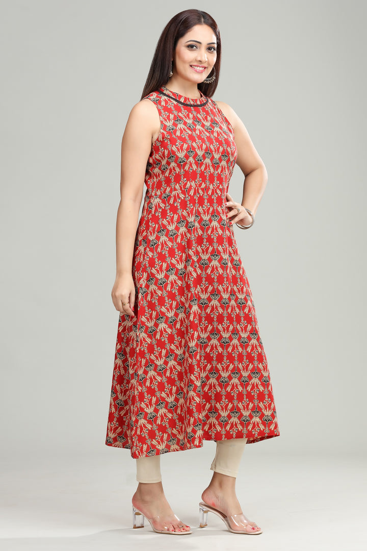 Rust Cotton Straight Printed Sleeveless Kurta