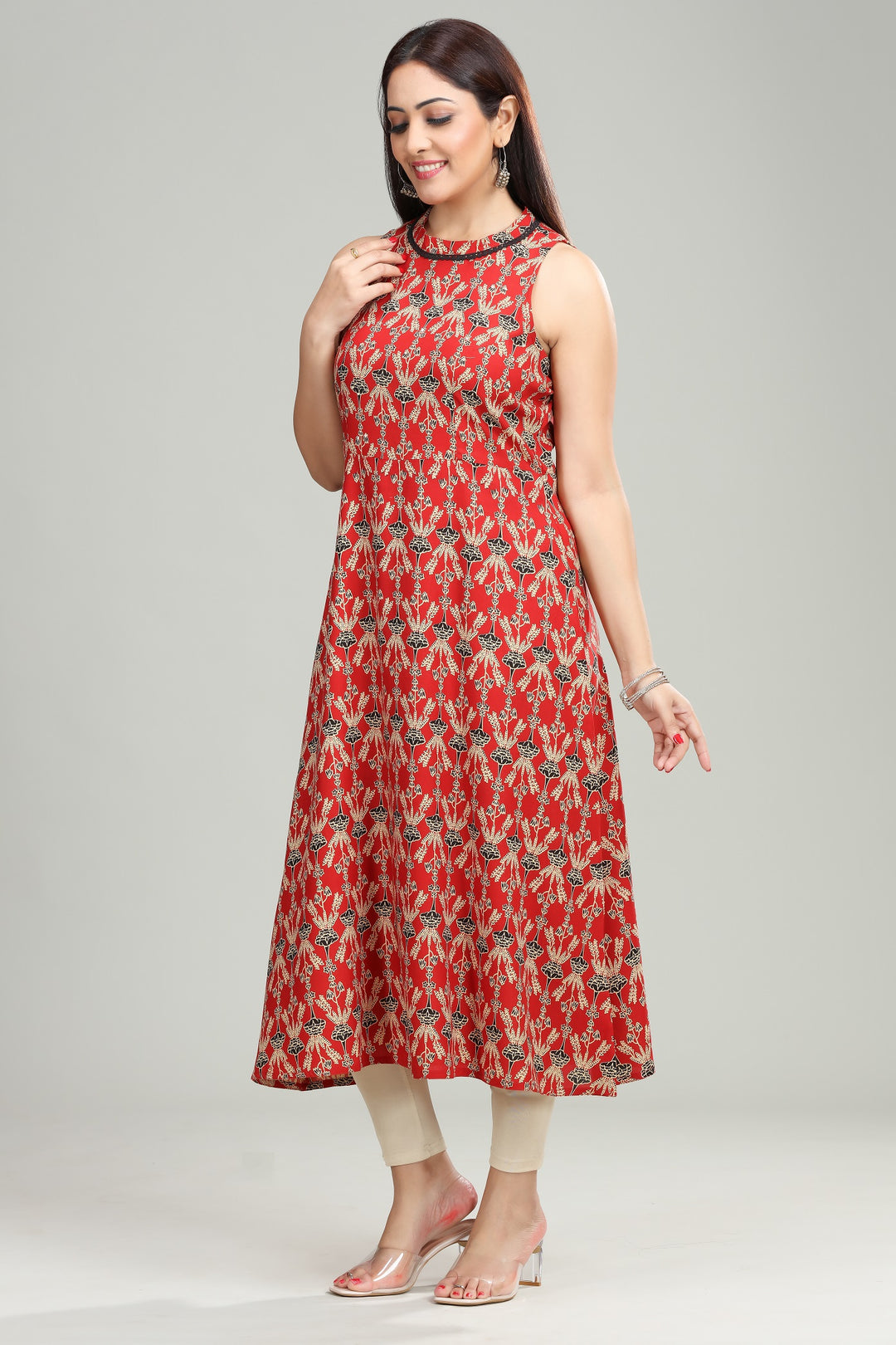 Rust Cotton Straight Printed Sleeveless Kurta