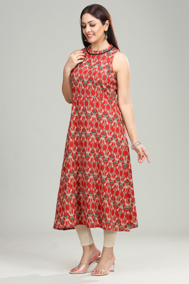 Rust Cotton Straight Printed Sleeveless Kurta