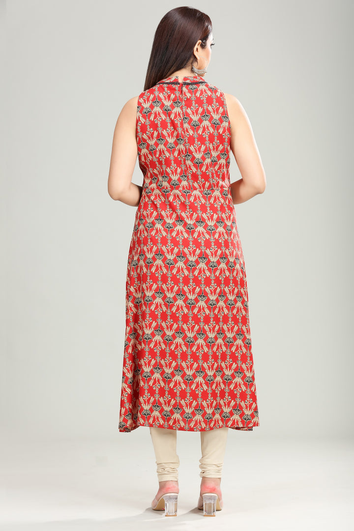 Rust Cotton Straight Printed Sleeveless Kurta