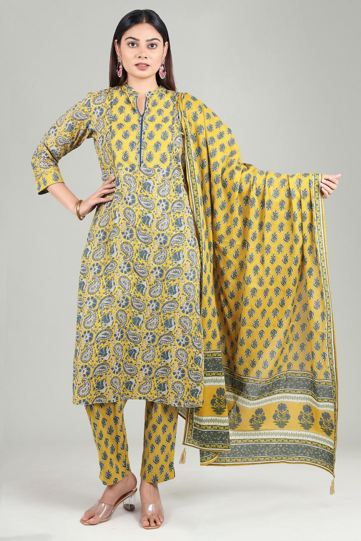 Mustard Cotton A Line Printed Kurta Pant Suit Set