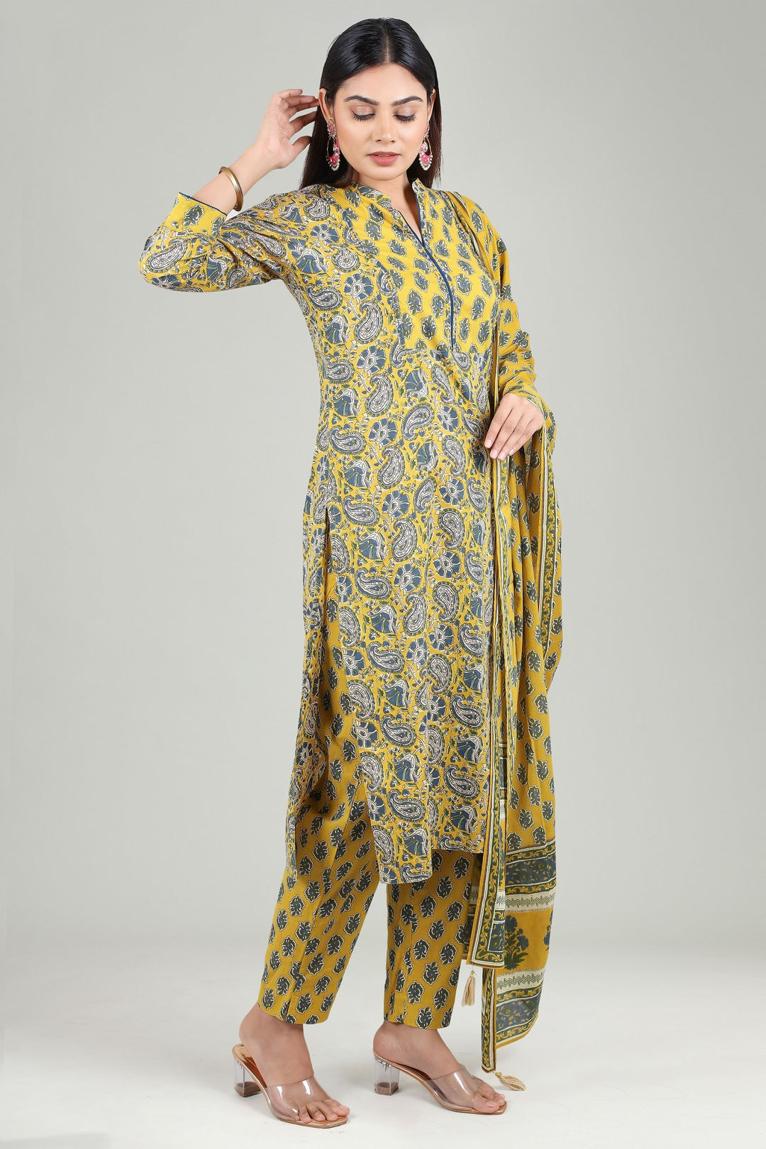 Mustard Cotton A Line Printed Kurta Pant Suit Set