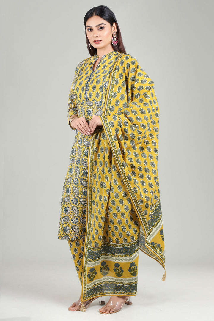 Mustard Cotton A Line Printed Kurta Pant Suit Set