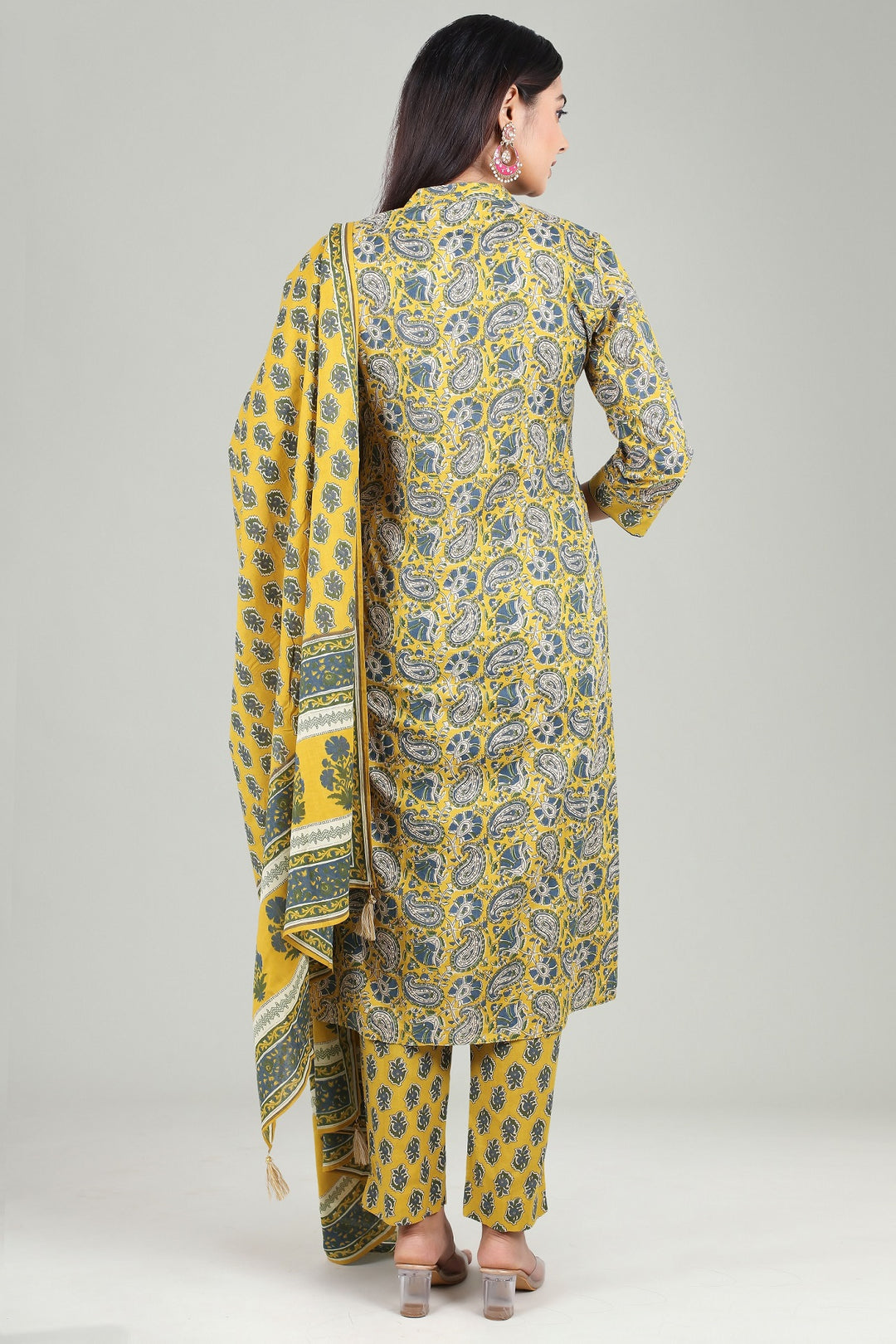 Mustard Cotton A Line Printed Kurta Pant Suit Set