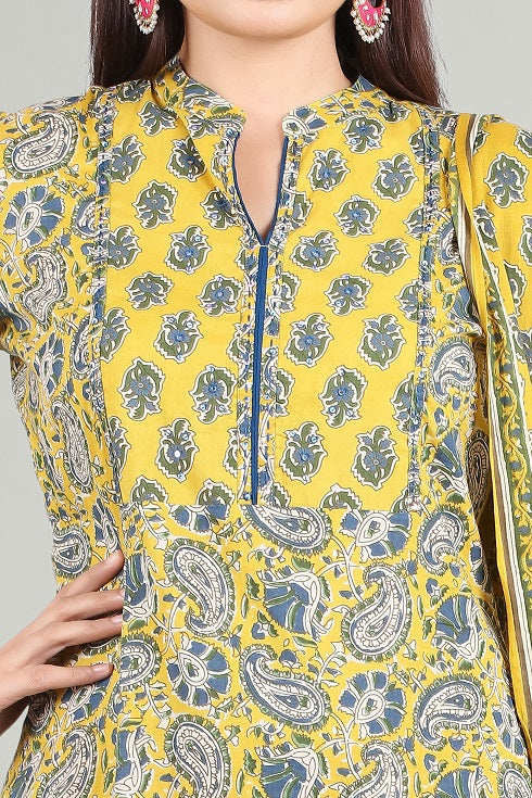 Mustard Cotton A Line Printed Kurta Pant Suit Set