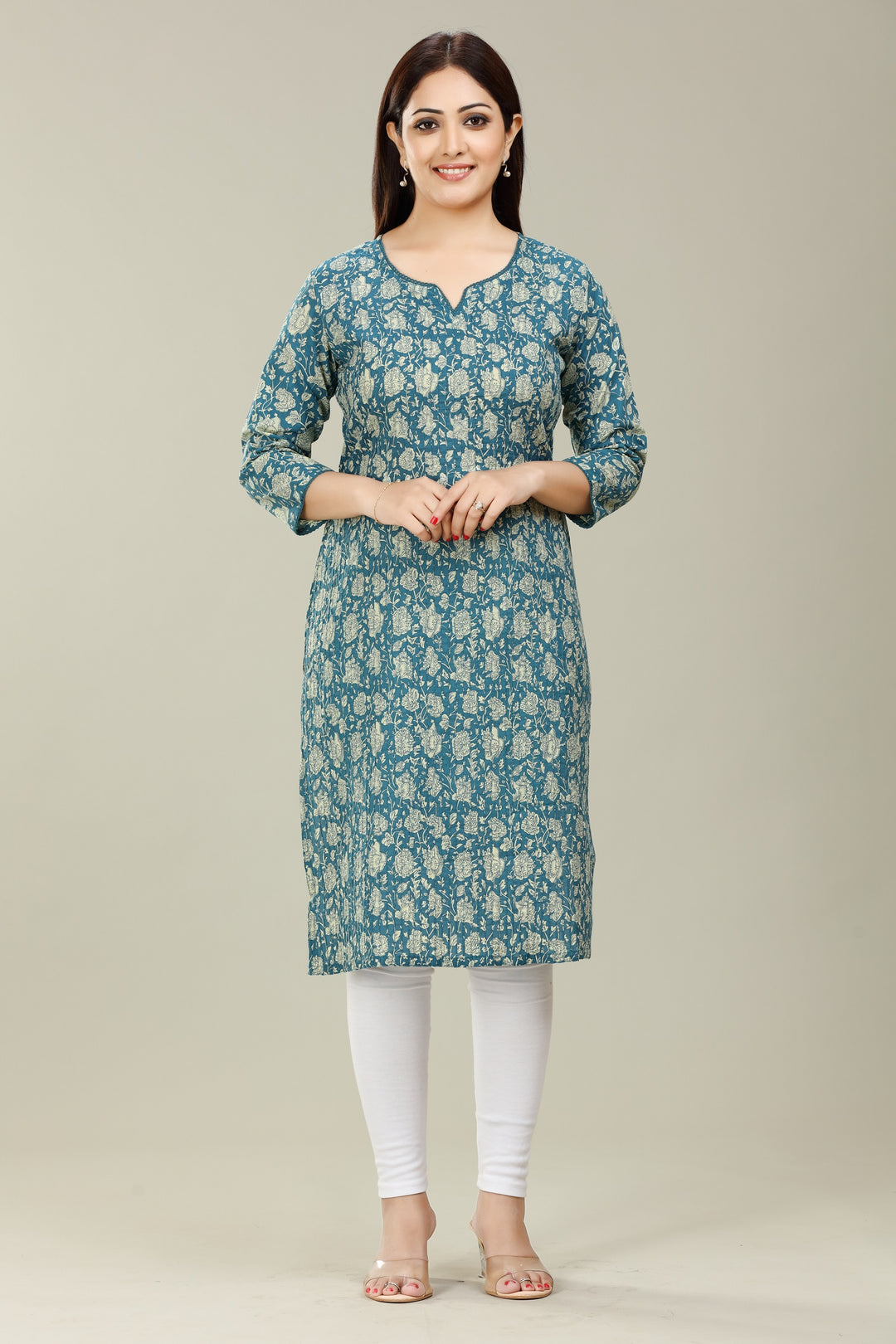 Turquoise Cotton Straight Printed Kurta