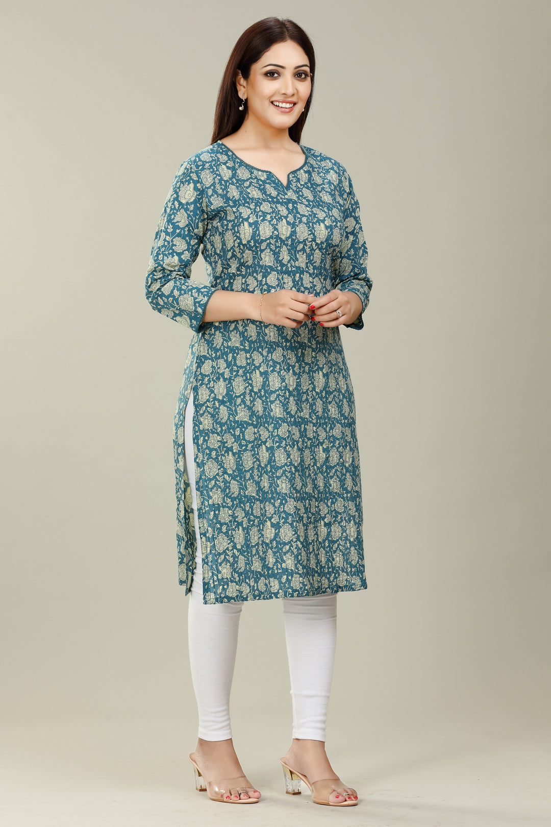 Turquoise Cotton Straight Printed Kurta