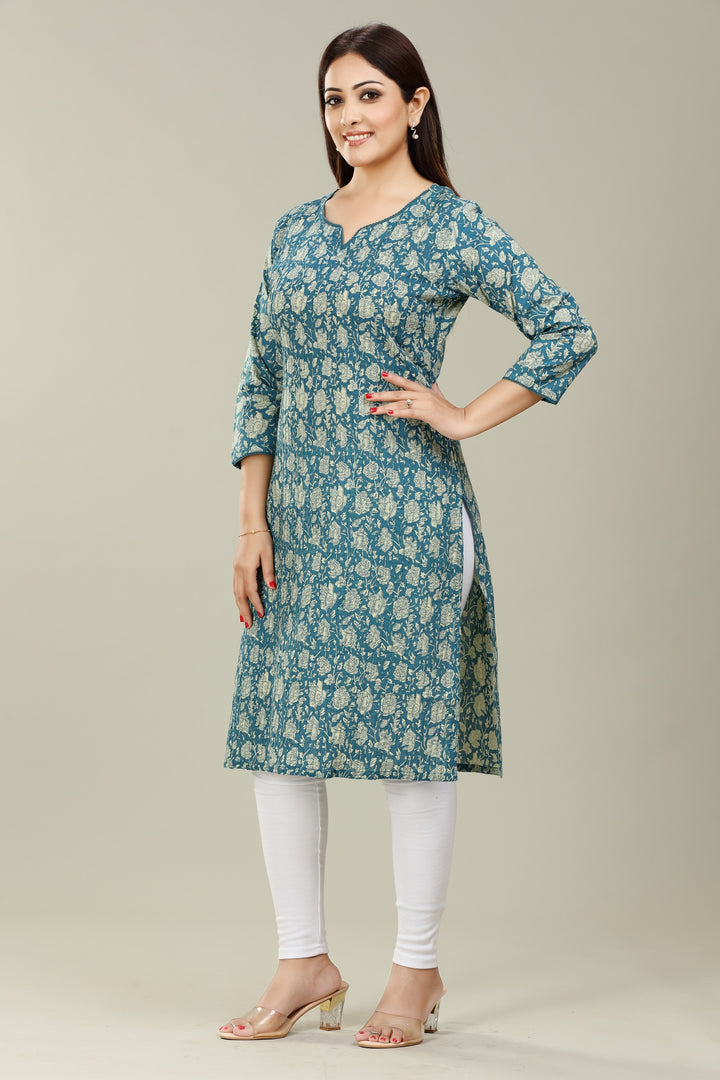 Turquoise Cotton Straight Printed Kurta