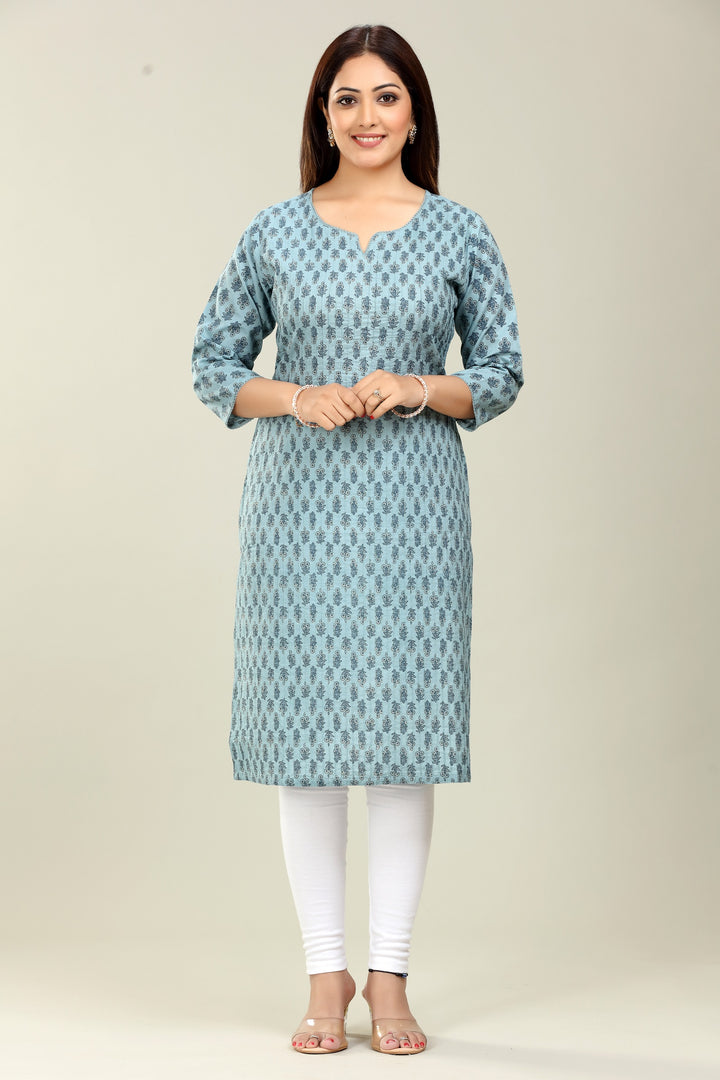 Grey Cotton Straight Printed Kurta