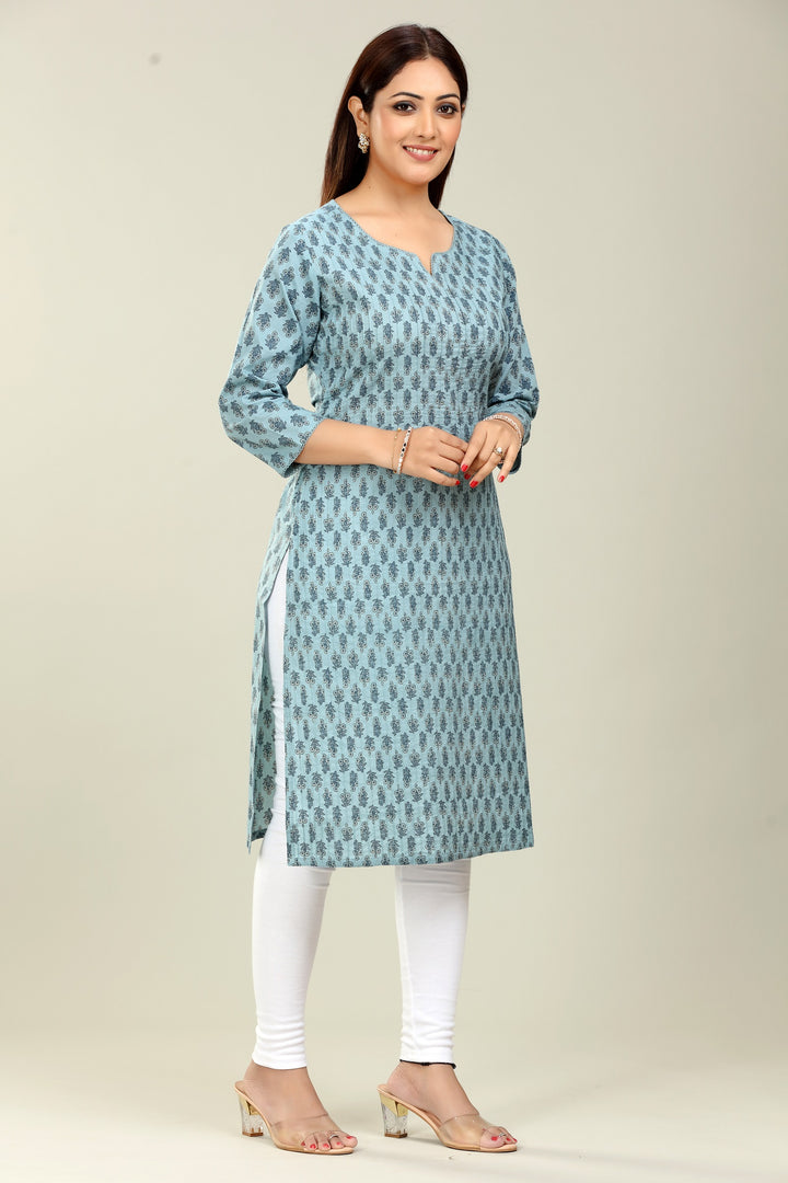 Grey Cotton Straight Printed Kurta