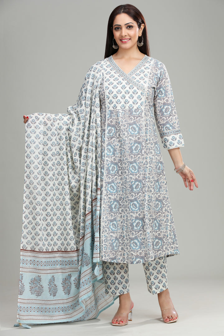 Warm Rust Cotton A Line Printed Kurta Pant Suit Set for women