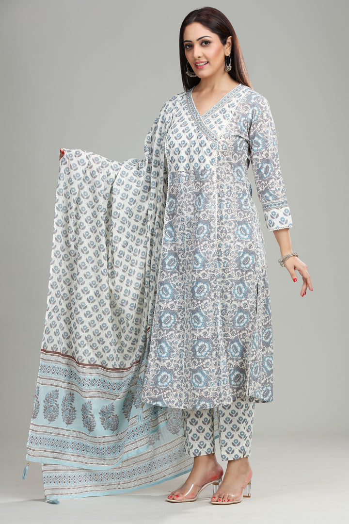 Warm Rust Cotton A Line Printed Kurta Pant Suit Set for women