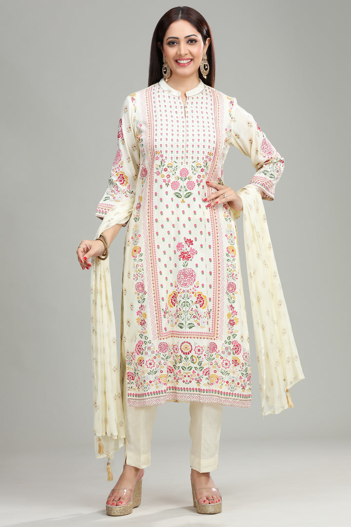 Cream Cotton Straight Printed Kurta Pant Suit Set