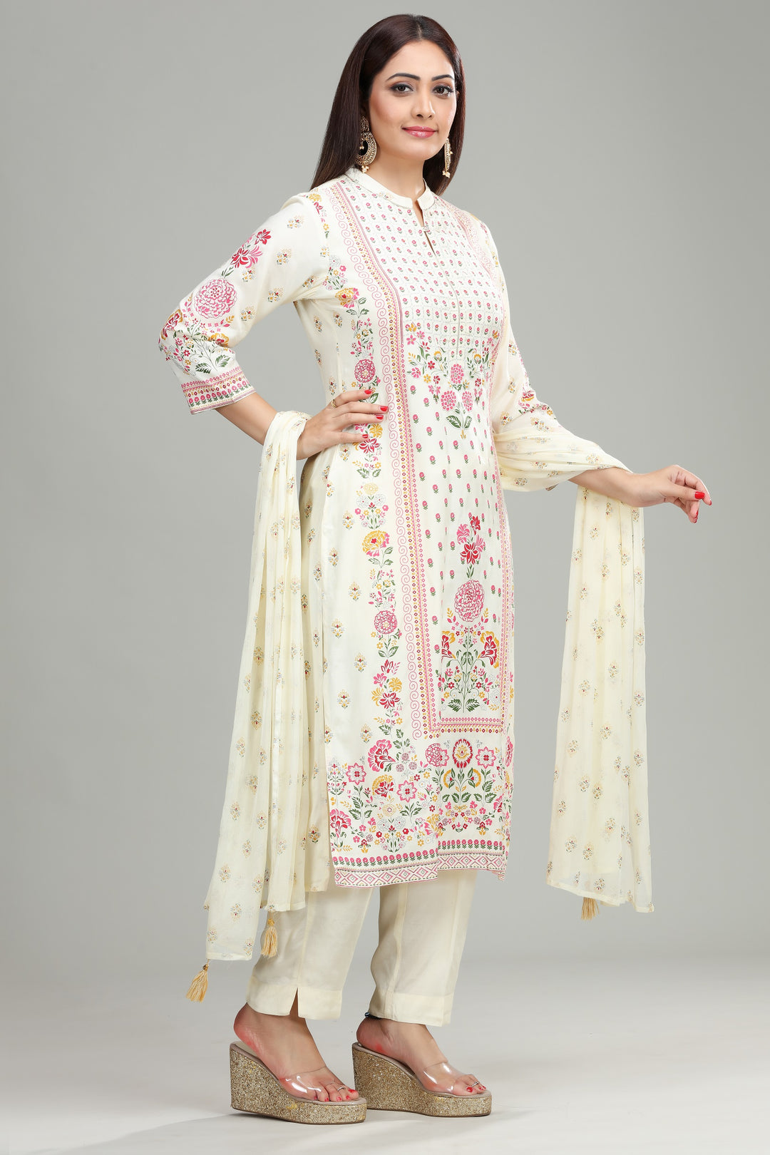 Cream Cotton Straight Printed Kurta Pant Suit Set