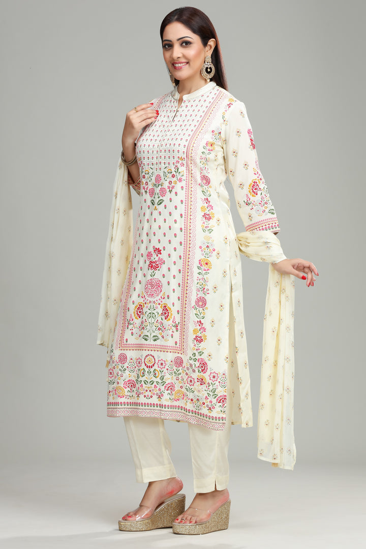 Cream Cotton Straight Printed Kurta Pant Suit Set