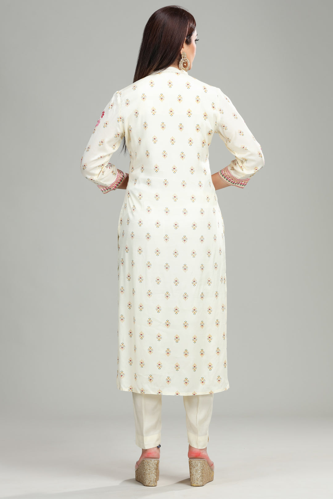 Cream Cotton Straight Printed Kurta Pant Suit Set