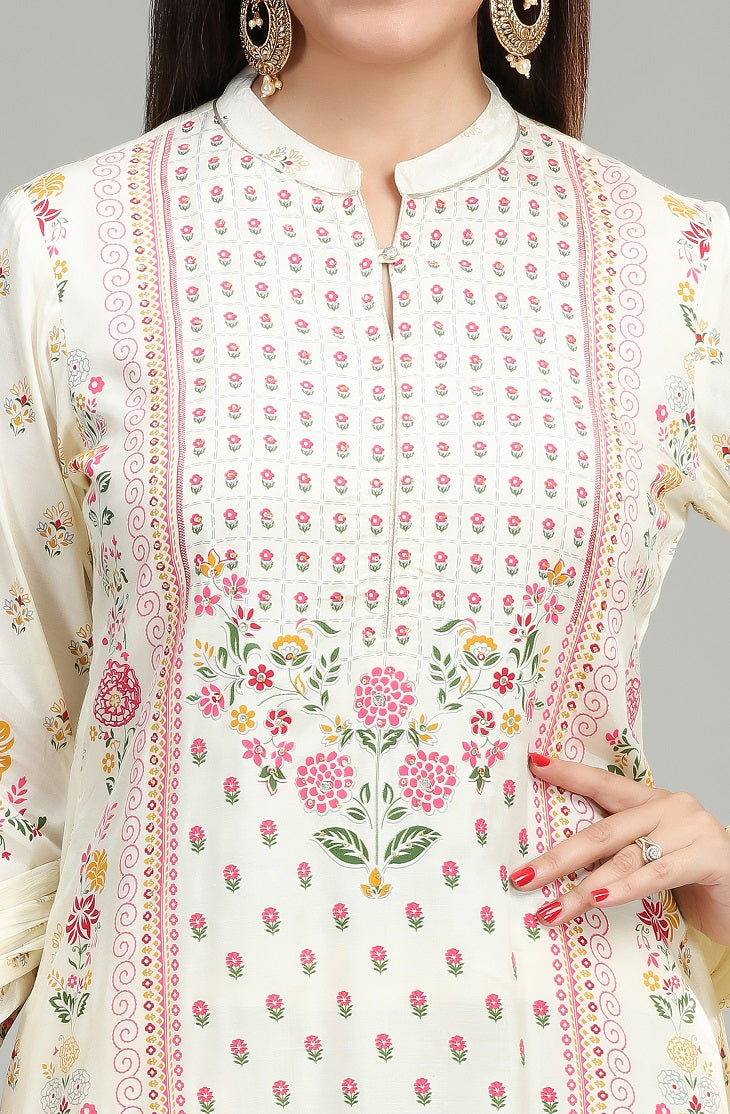 Cream Cotton Straight Printed Kurta Pant Suit Set