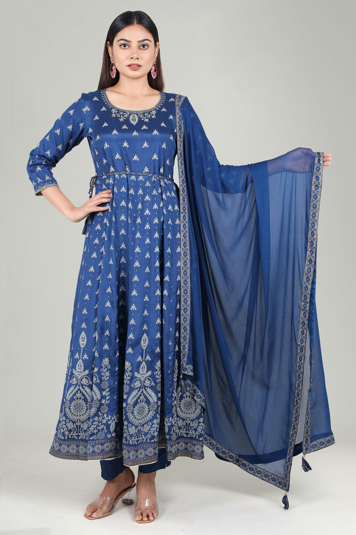 Teal Blue Cotton Flared Printed Kurta Pant Suit Set