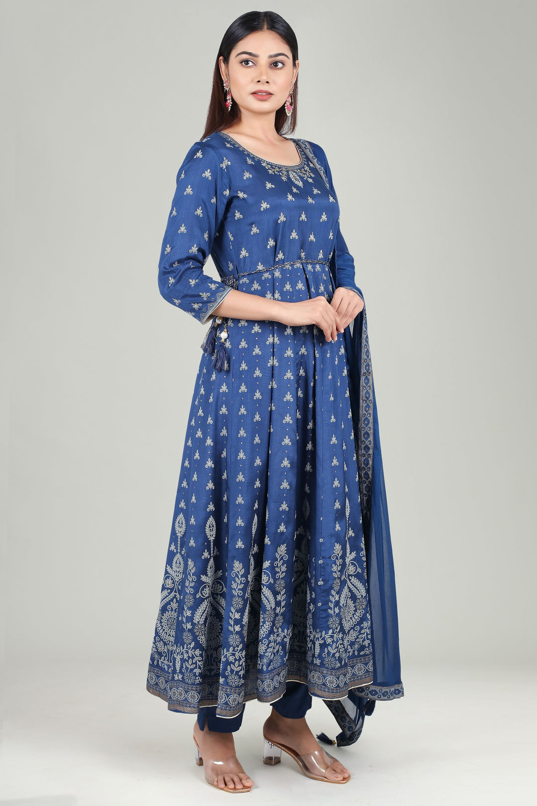 Teal Blue Cotton Flared Printed Kurta Pant Suit Set