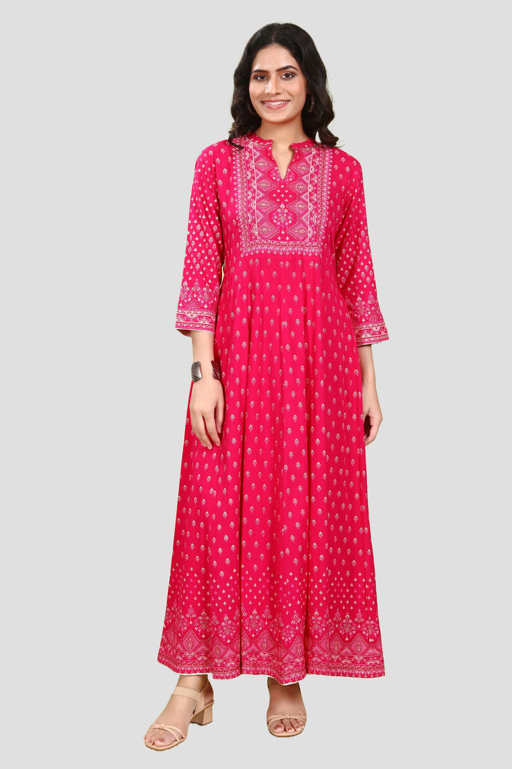 Pink Cotton Flared Printed Long Kurta Pant Co ord Set