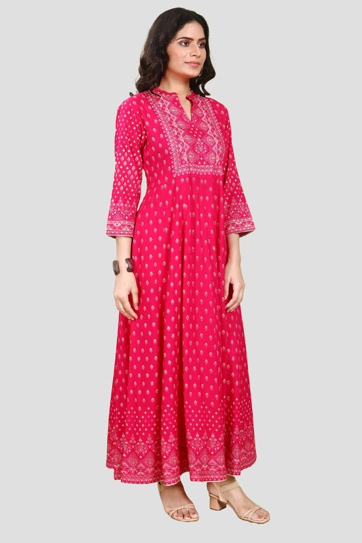 Pink Cotton Flared Printed Long Kurta Pant Co ord Set