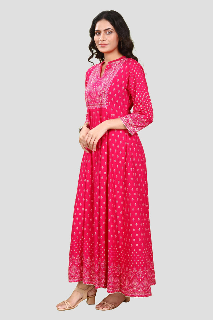 Pink Cotton Flared Printed Long Kurta Pant Co ord Set