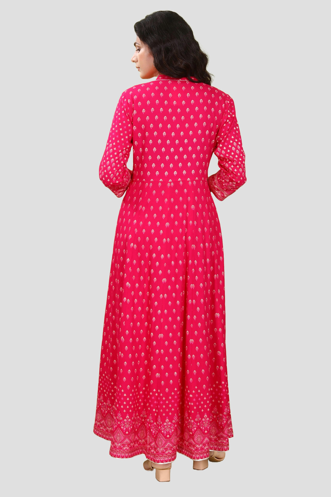 Pink Cotton Flared Printed Long Kurta Pant Co ord Set