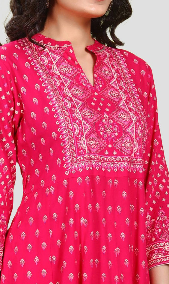 Pink Cotton Flared Printed Long Kurta Pant Co ord Set