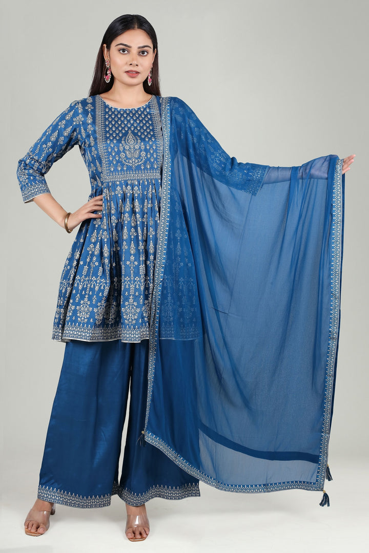 Indigo Blue Cotton Flared Printed Kurta Pant Suit Set