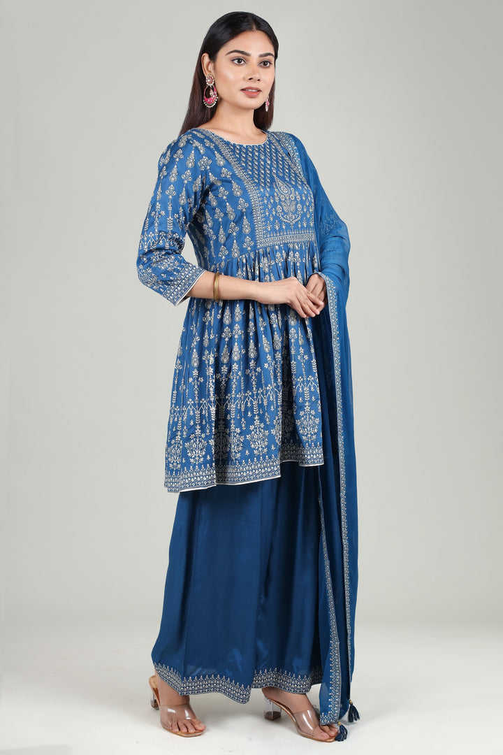 Indigo Blue Cotton Flared Printed Kurta Pant Suit Set