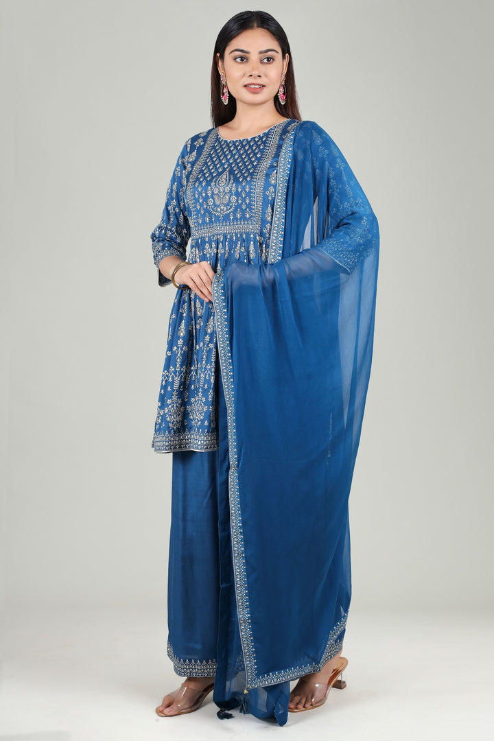 Indigo Blue Cotton Flared Printed Kurta Pant Suit Set