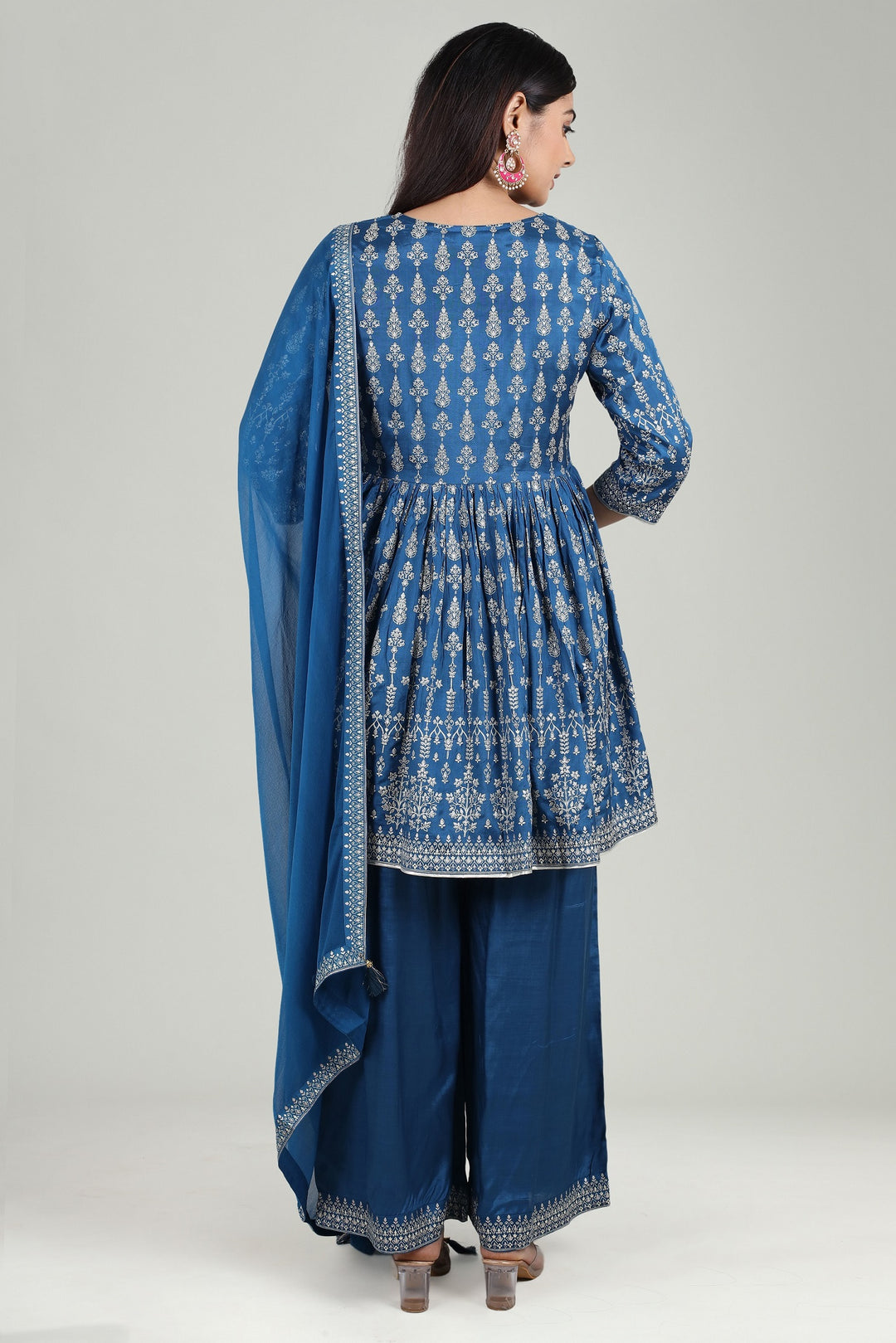 Indigo Blue Cotton Flared Printed Kurta Pant Suit Set