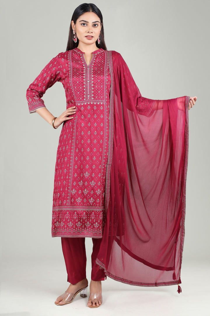 Maroon Cotton Straight Printed Kurta Pant Suit Set