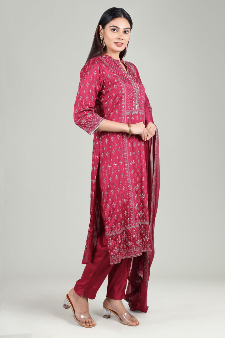 Maroon Cotton Straight Printed Kurta Pant Suit Set